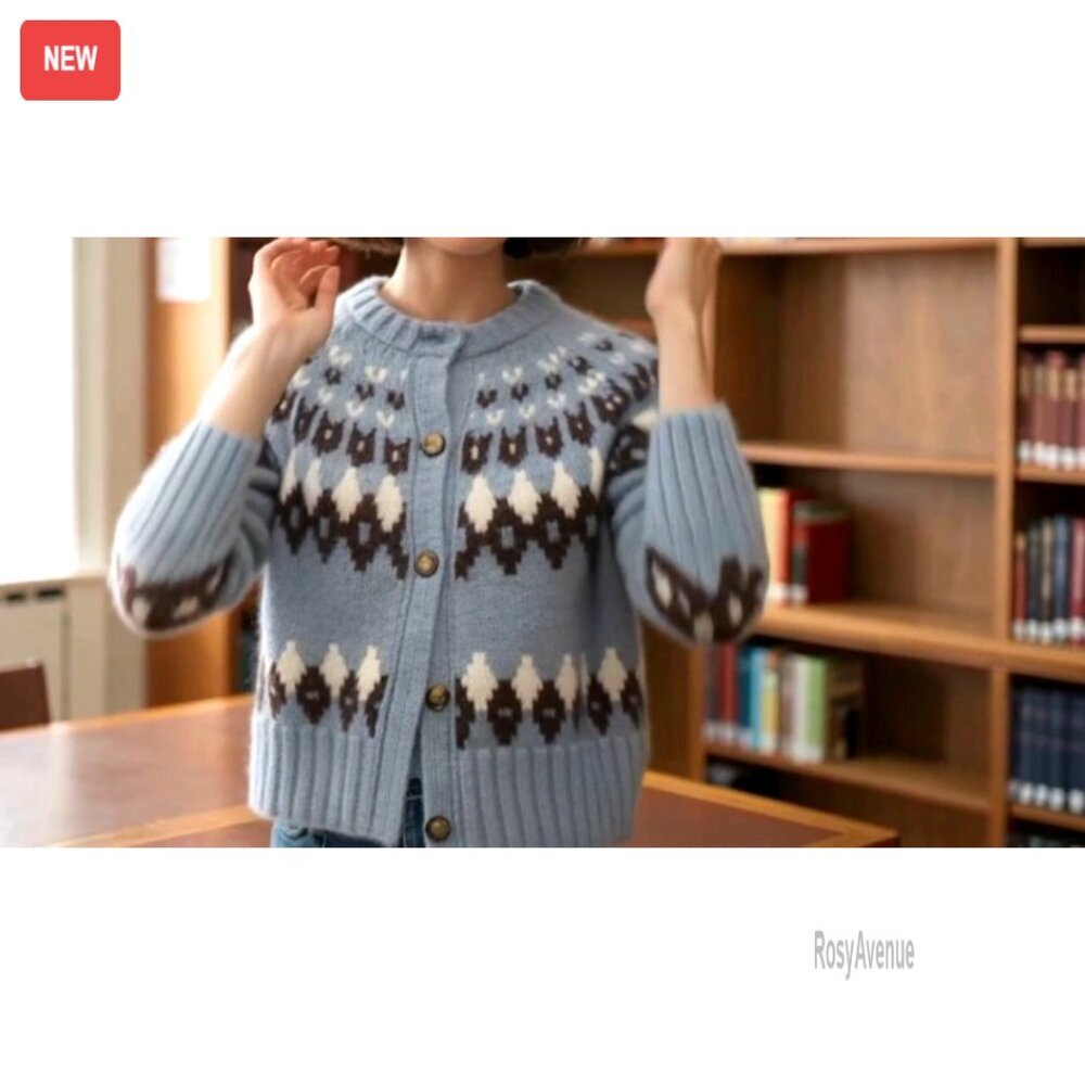 Fair Isle Cropped Cardigan Chunky Knit Crewneck Long Sleeve Sweater Cozy Fall - Picture 6 of 7